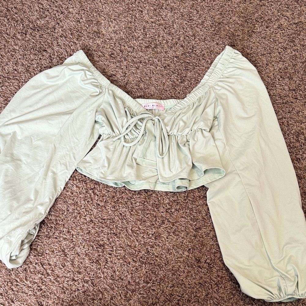 Blue Blush Sage Green Off-Shoulder Crop Top